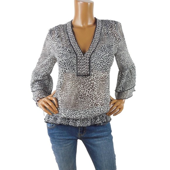 Cache Tops - CACHE Top L Sheer Black/White Print Blouse Silver Chain Braid Detail V-Neck